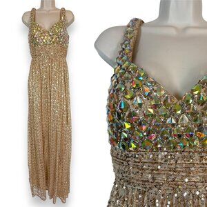 La Femme Gold Champagne Sequin Rhinestone Evening Gown Beaded Dress Tall 6